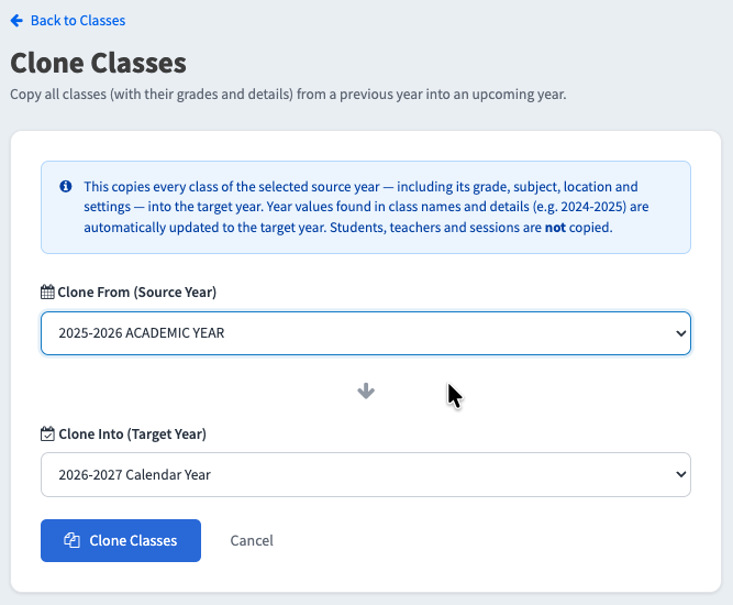 Clone Classes for a New Academic Year